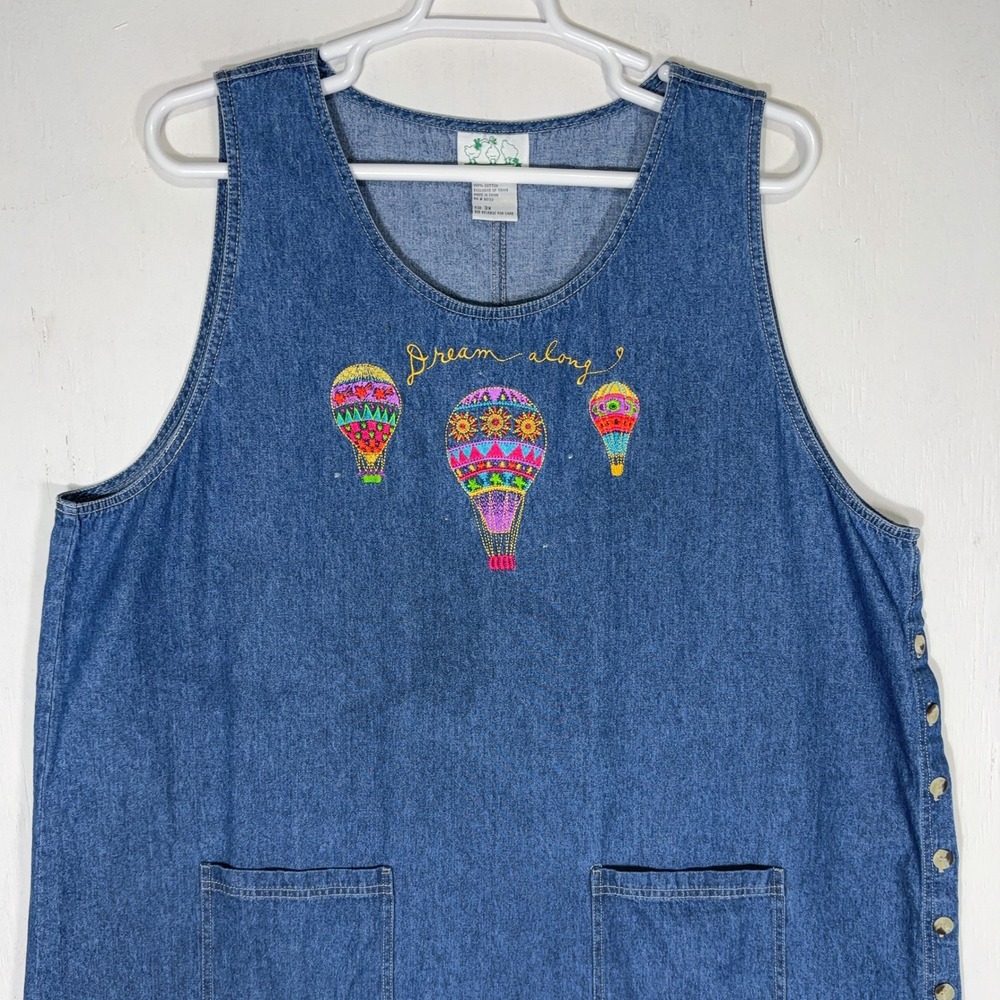 VTG 90s Quacker Factory Denim Dress Women 3X Teacher Hot Air Balloon Embroidered